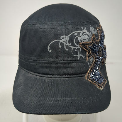 Army Cap Black OSFM Beaded Cross Floral Graphic Embellished Fashion Cadet Hat