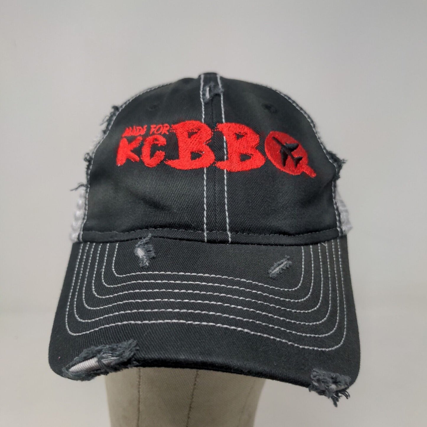 KC BBQ Barbeque Men's Slideback Mesh Back Hat Black White Embroidered Distressed