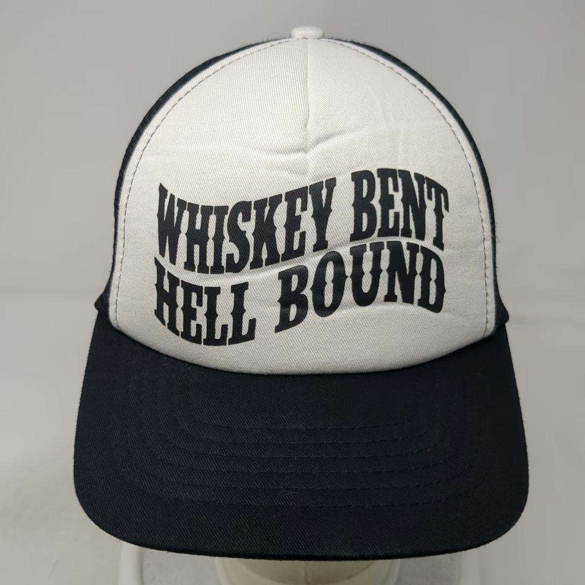 Black White Trucker Hat One Size Whiskey Bent Hell Bound Wavy Foam Mesh Snapback