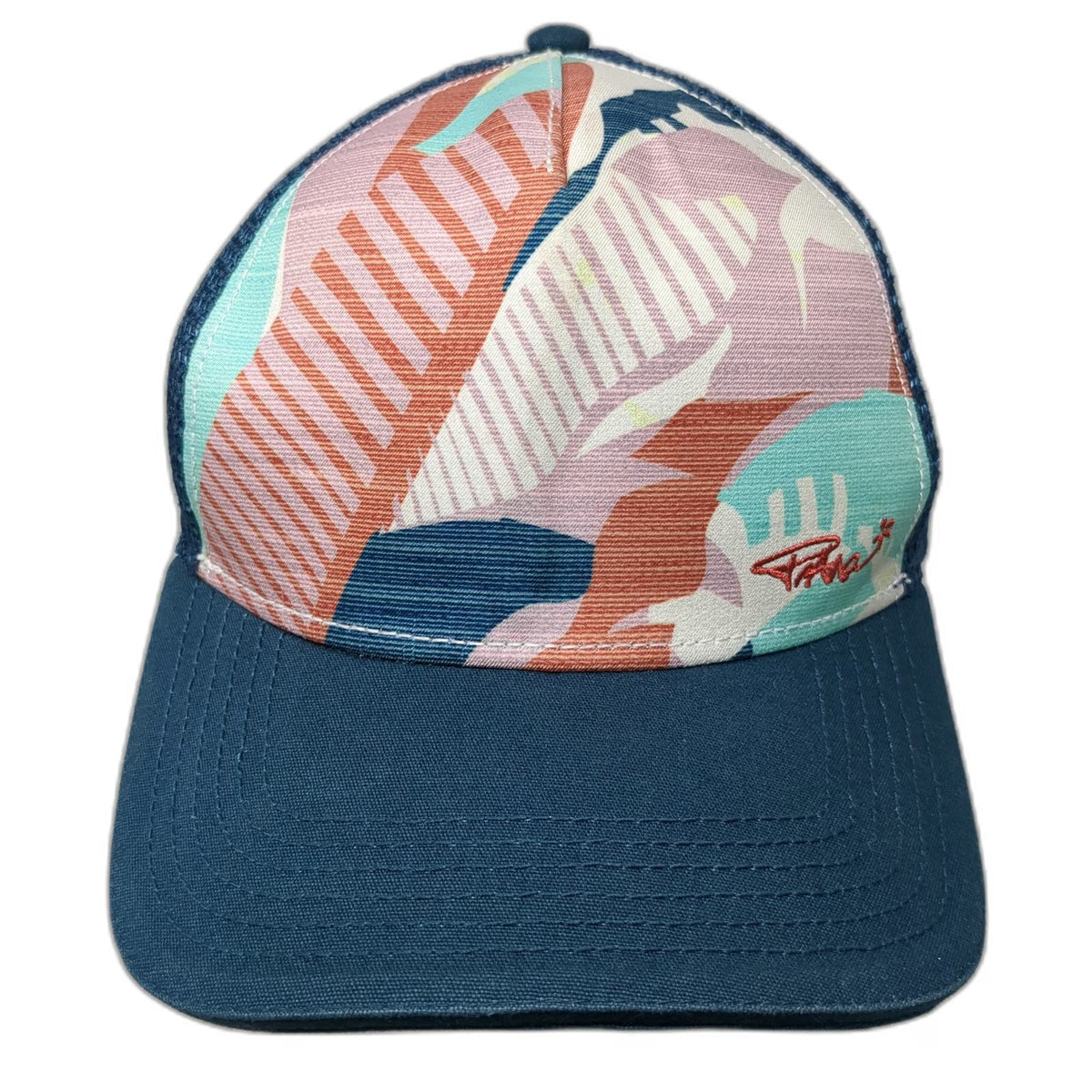 Prana Trucker Hat Blue One Size Mesh Back Tropical Pattern Snapback Curved Brim