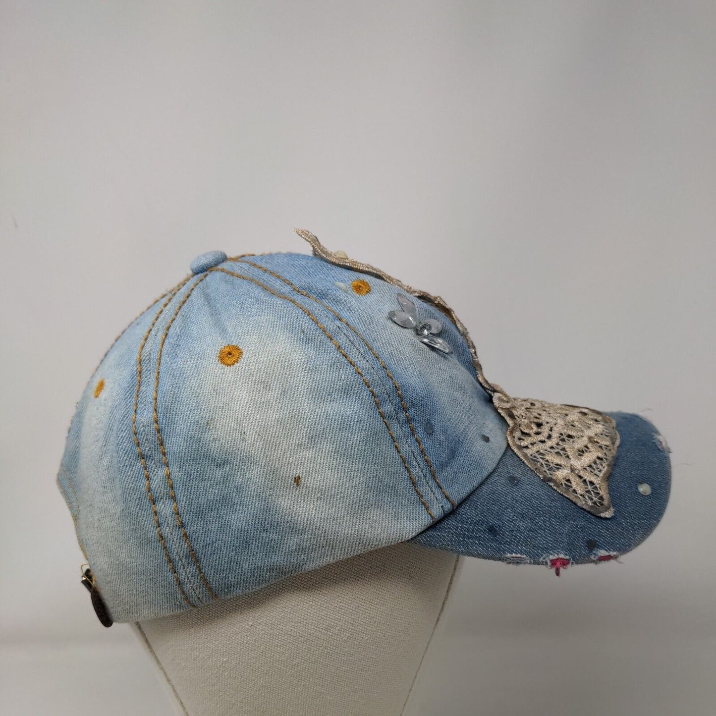 Butterfly Slideback Hat Blue One Size Lace Trim Beaded 6 Panel Distressed
