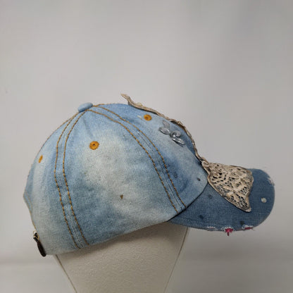 Butterfly Slideback Hat Blue One Size Lace Trim Beaded 6 Panel Distressed