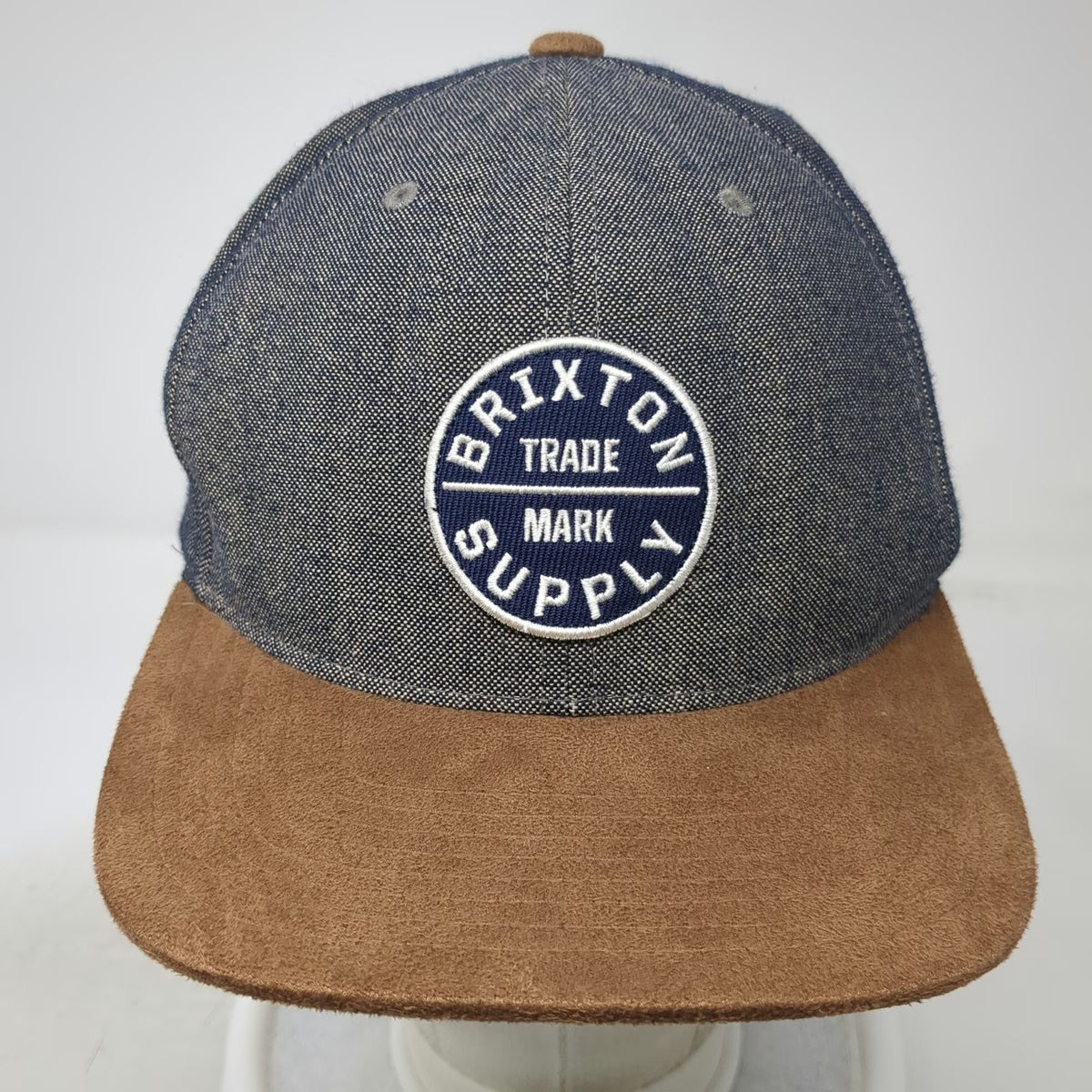 Brixton Snapback Hat Blue Brown One Size Denim Suede Flat Brim Logo Patch