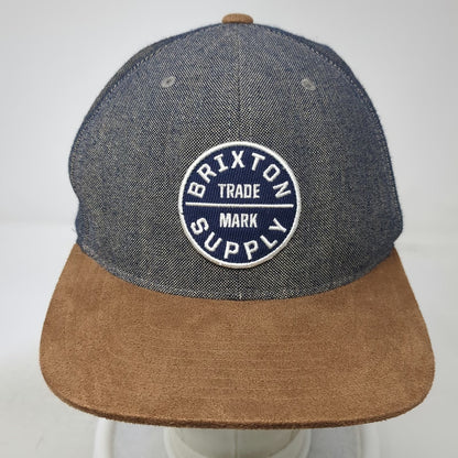 Brixton Snapback Hat Blue Brown One Size Denim Suede Flat Brim Logo Patch
