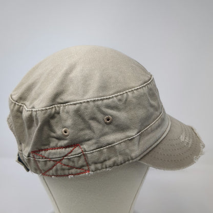 DPC Army Cap Beige One Size Frayed Brim Red Cross Stitch Cotton Twill Hat