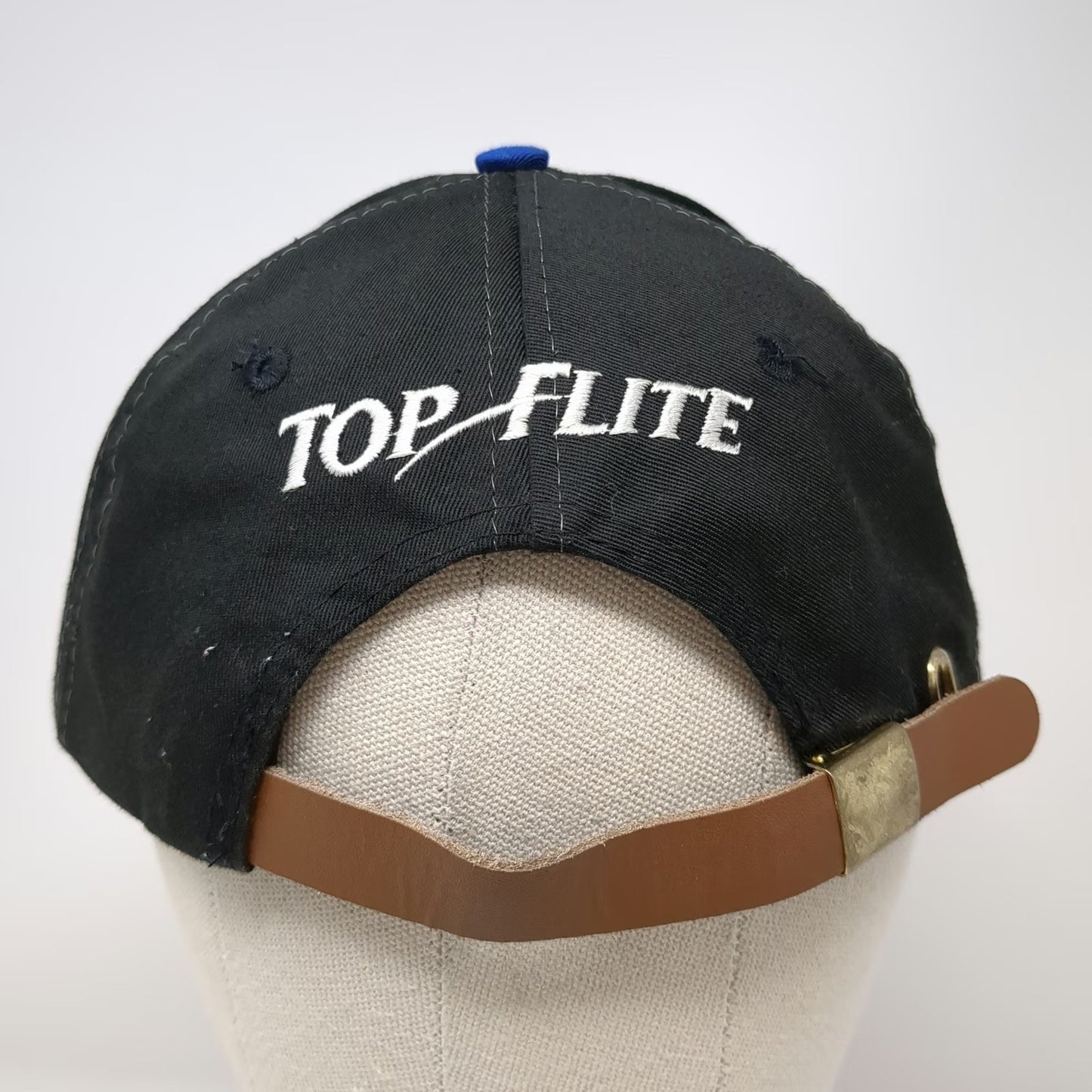 Top-Flite Baseball Cap Black Blue One Size Embroidered Globe Leather Strap Hat