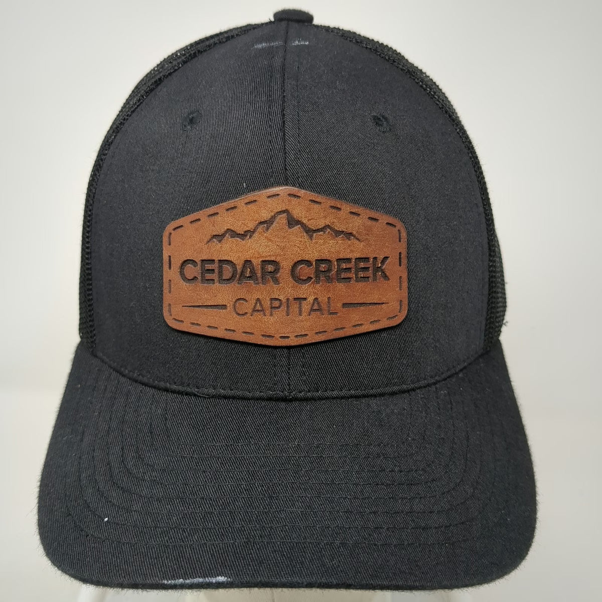 Trucker Hat Black Brown One Size Cedar Creek Capital Leather Patch Snapback