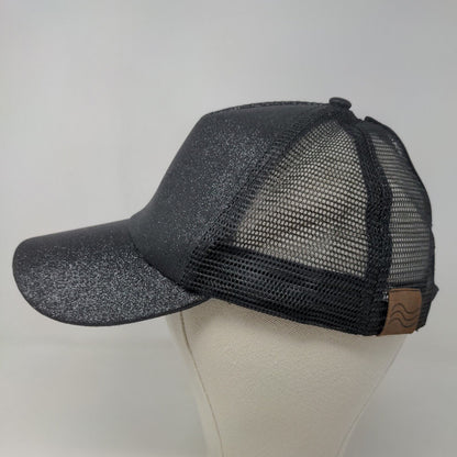 Unbranded Women's Strapback Hat Black Adjustable Sparkly Ponytail Hole