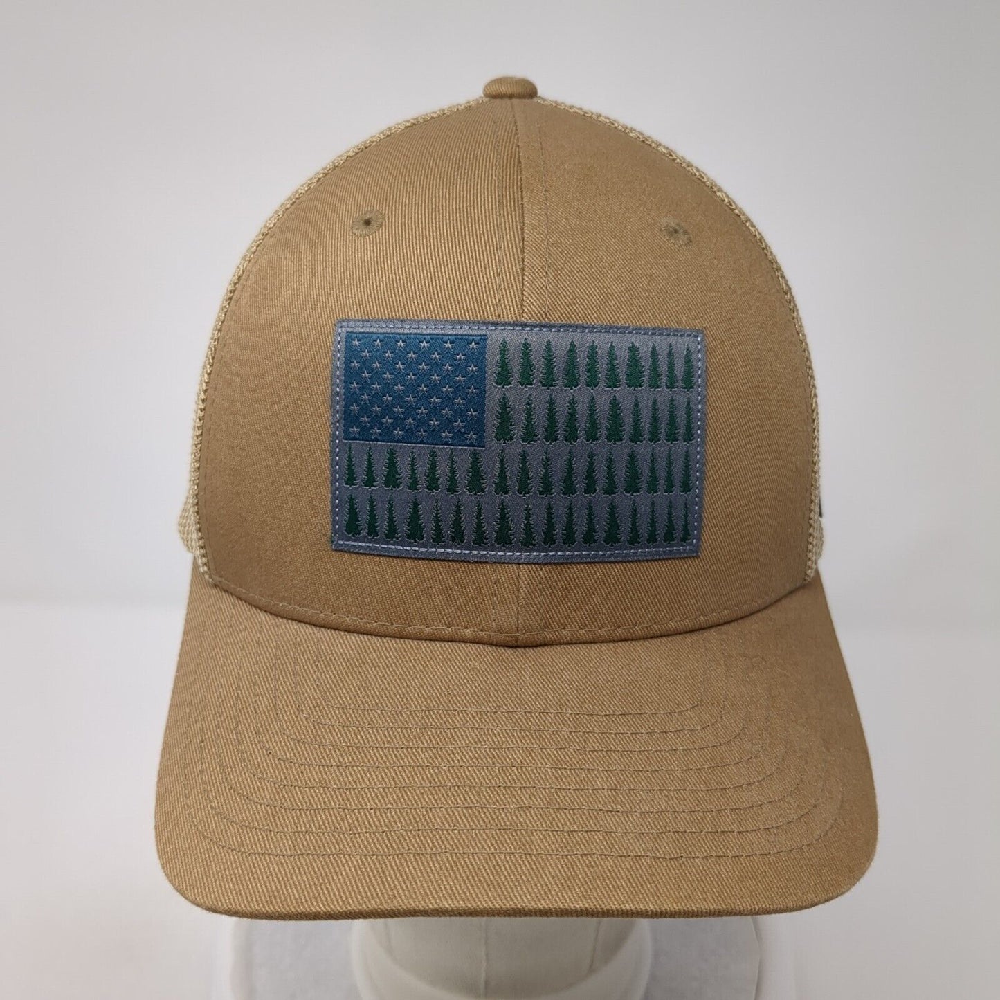 Columbia Tree Flag Fitted Trucker Hat Tan OS Embroidered Patriotic Mesh Flexfit