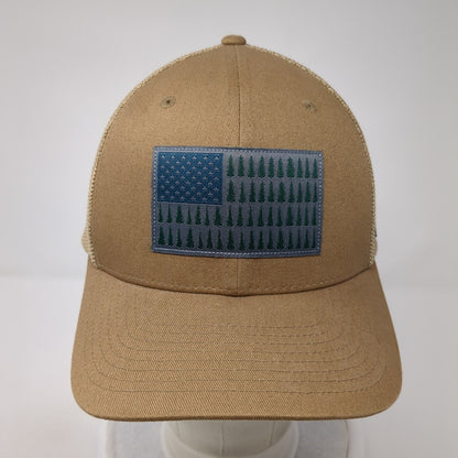 Columbia Tree Flag Fitted Trucker Hat Tan OS Embroidered Patriotic Mesh Flexfit