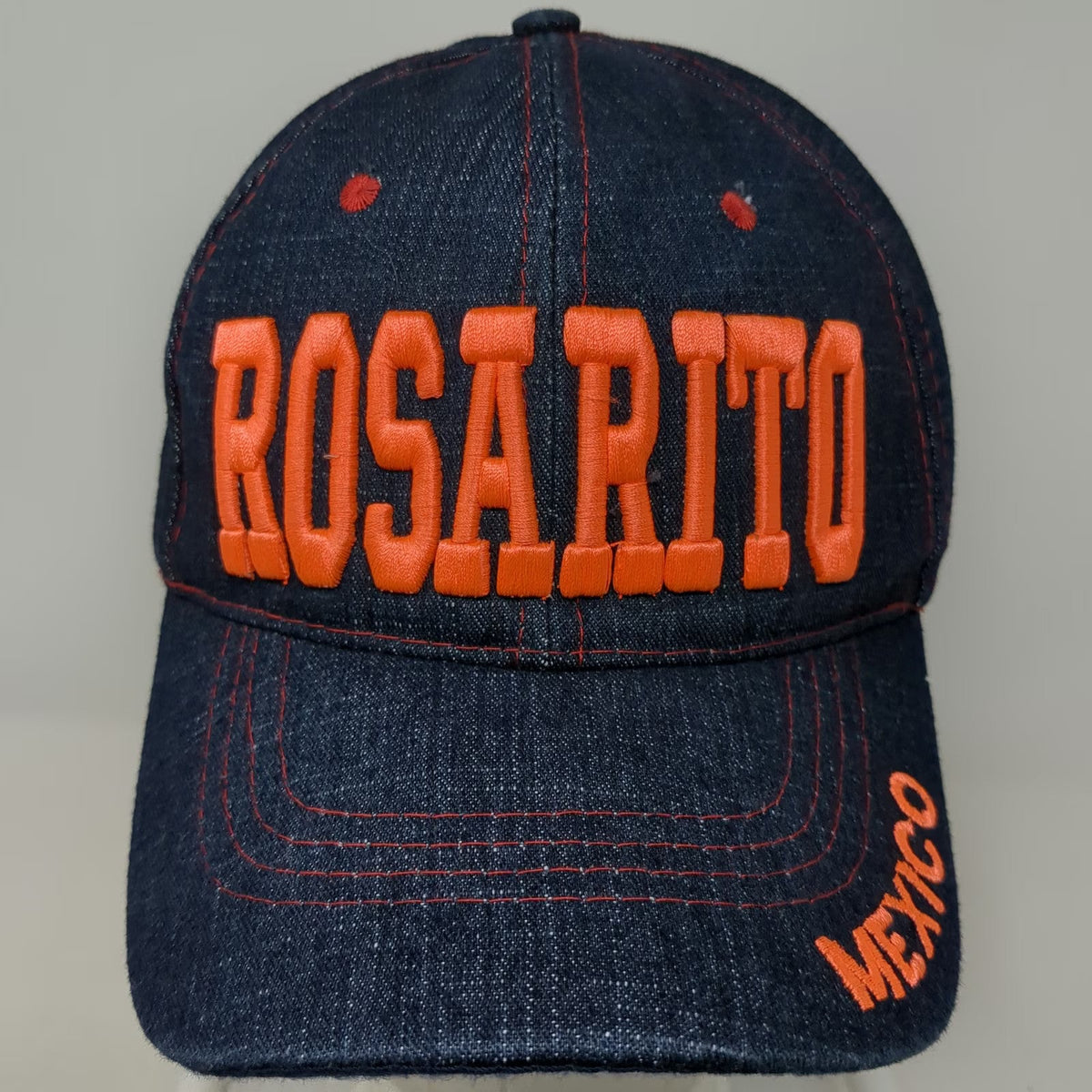 Blue Rosarito Mexico Denim Baseball Cap One Size Strapback Hat Orange Stitching