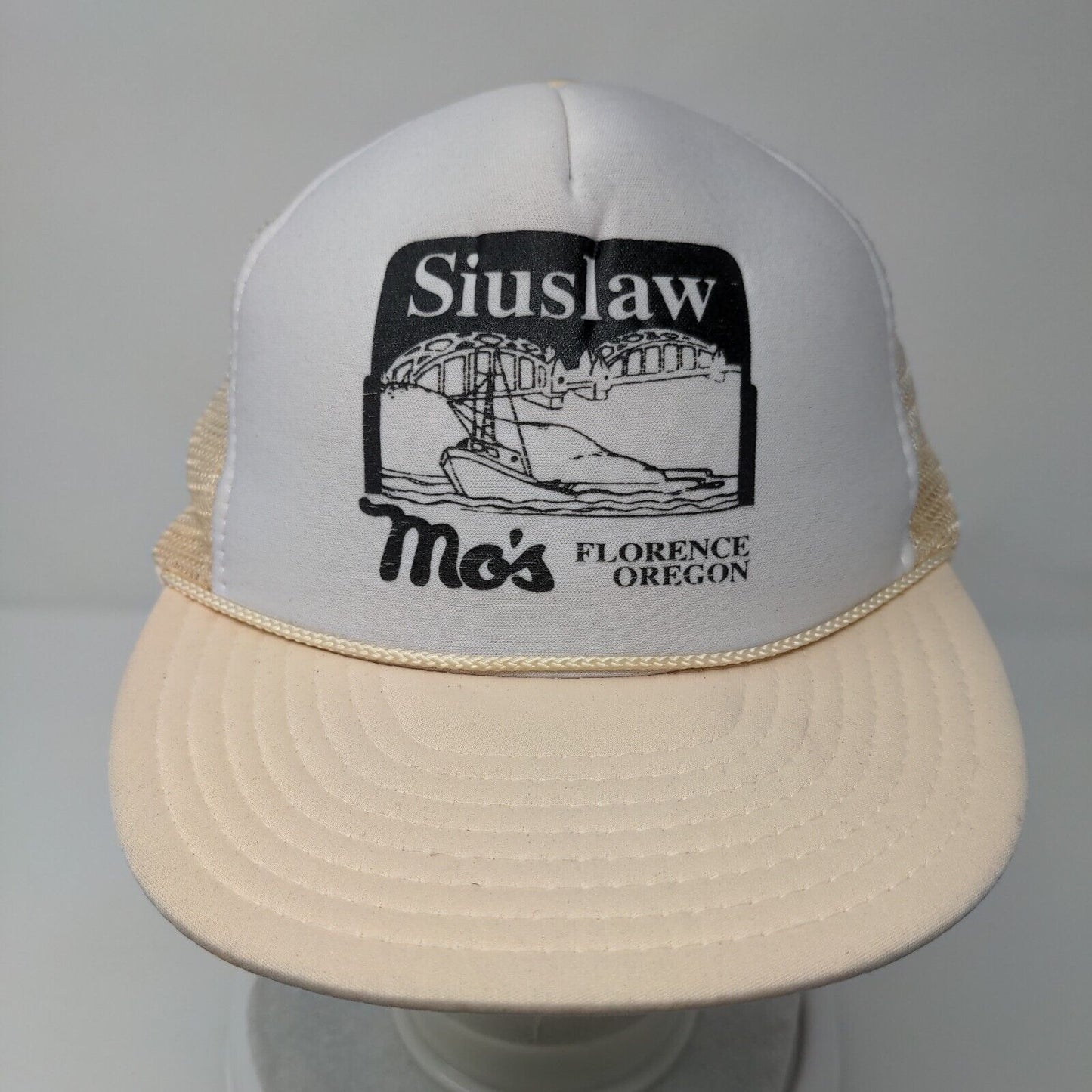 Siuslaw Mo's Florence Oregon Snapback Trucker Hat Tan OSFA Mesh Back Nissin Cap