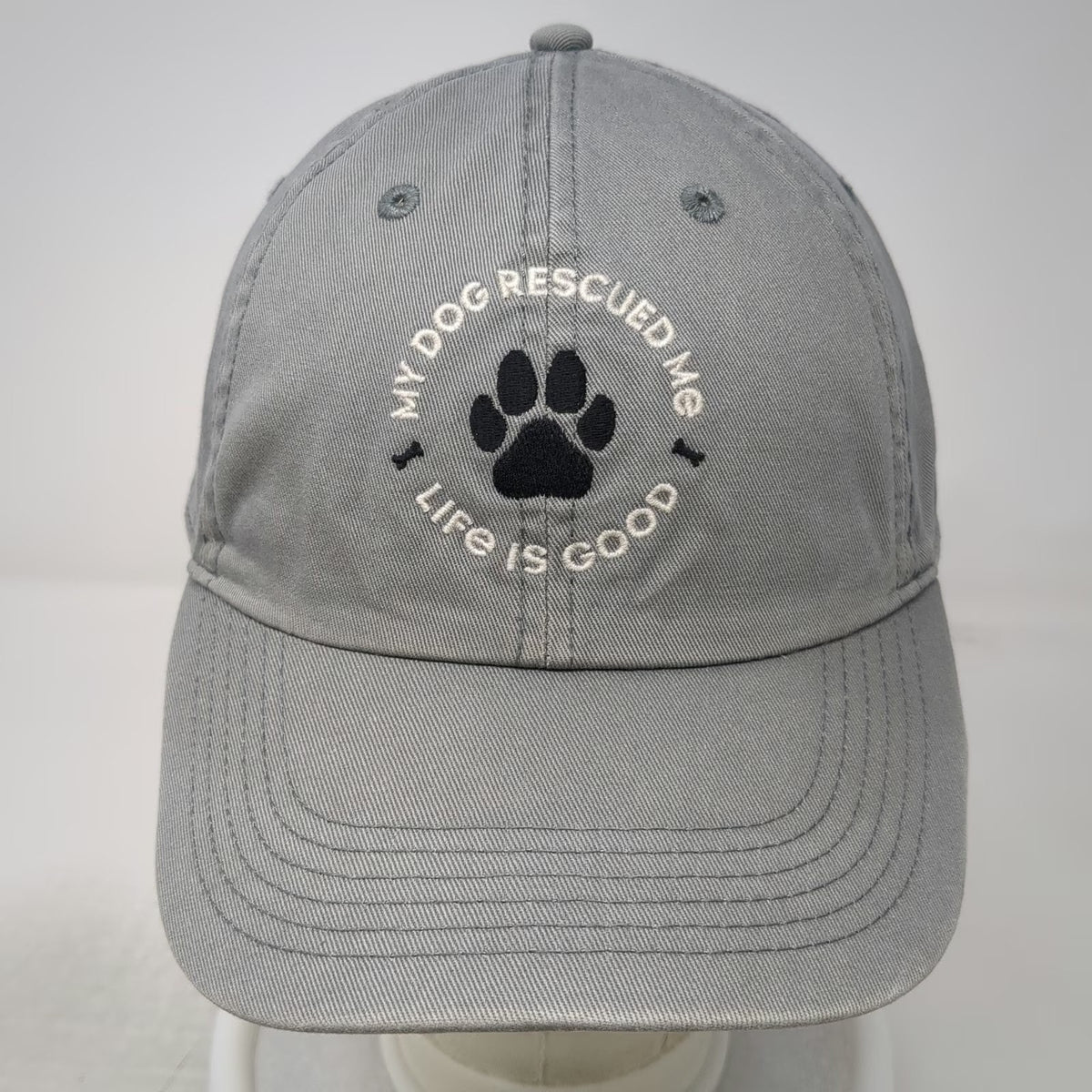 Life is Good Baseball Cap Gray OS My Dog Rescued Me Paw Print Slideback Hat