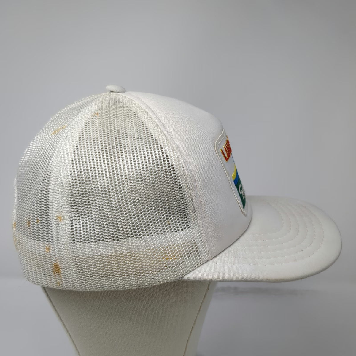 Yupoong White Trucker Hat Land O Lakes Foodservice Maiden Logo Patch Vintage