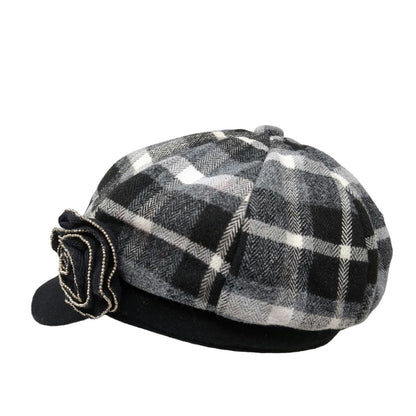 Angela & William Newsboy Cap Gray Black White One Size Wool Blend Flower Hat