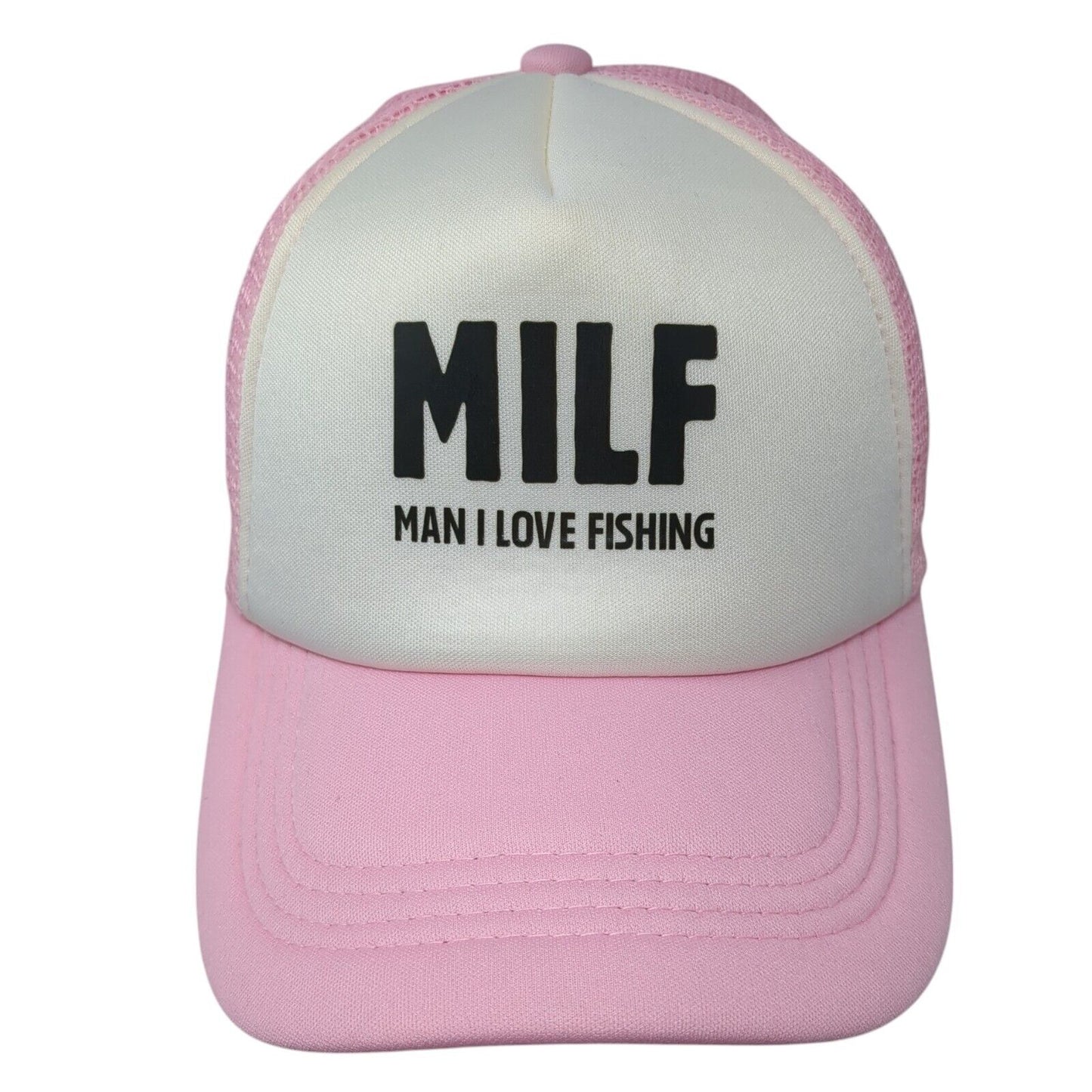 MILF Man I Love Fishing Snapback Trucker Hat Pink One Size Adjustable Mesh Back