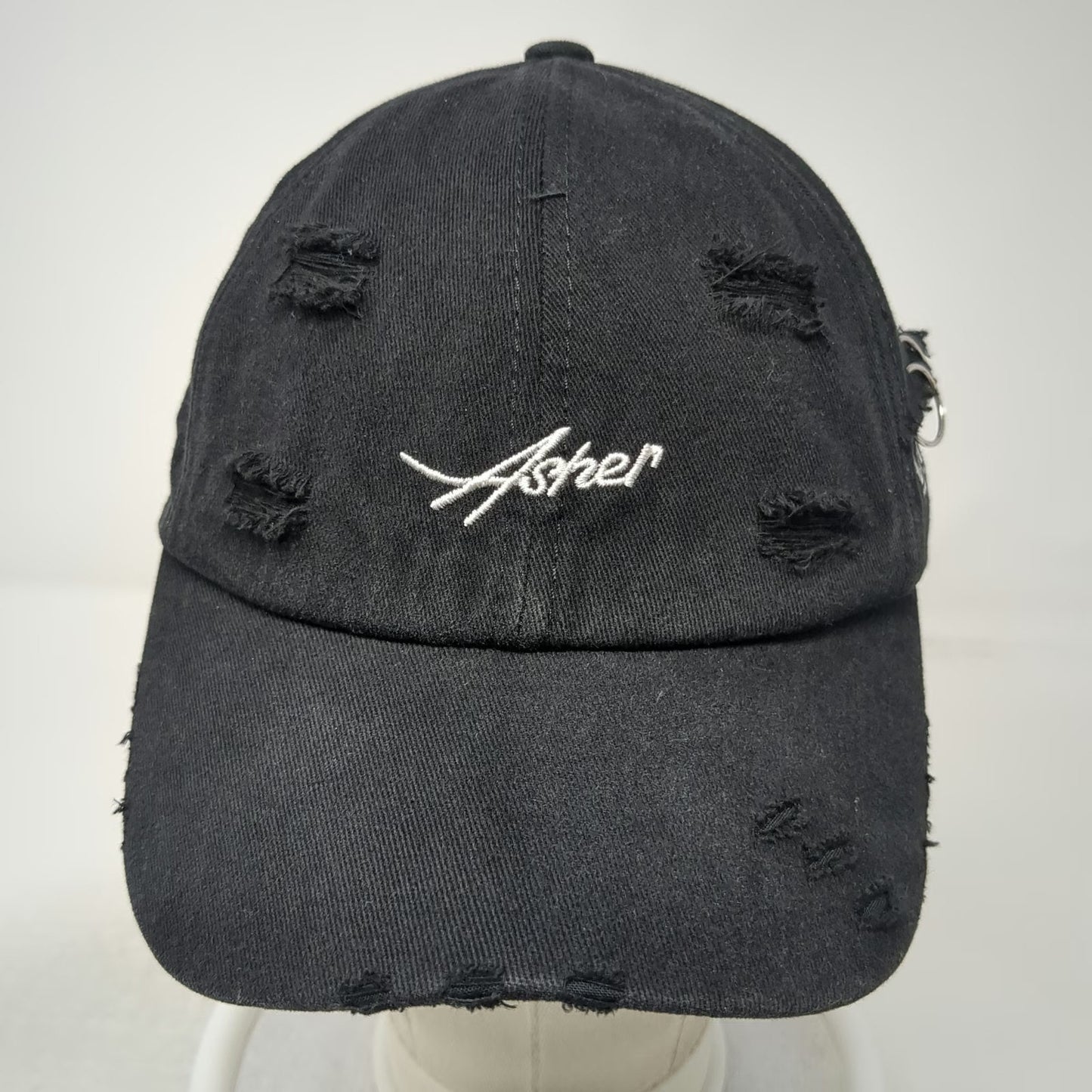 Black Baseball Cap OS Distressed Metal Rings Embroidery Slideback Hat Cotton