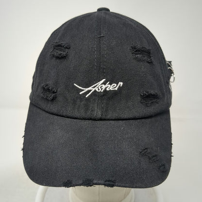 Black Baseball Cap OS Distressed Metal Rings Embroidery Slideback Hat Cotton