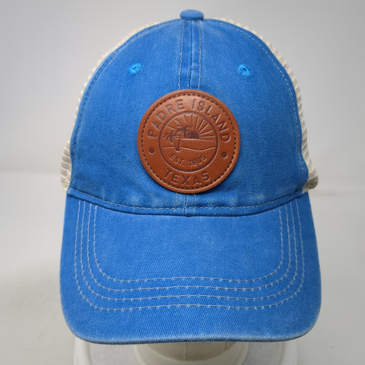 Blue One Size Trucker Hat Padre Island Texas Leather Patch Mesh Sun Snapback