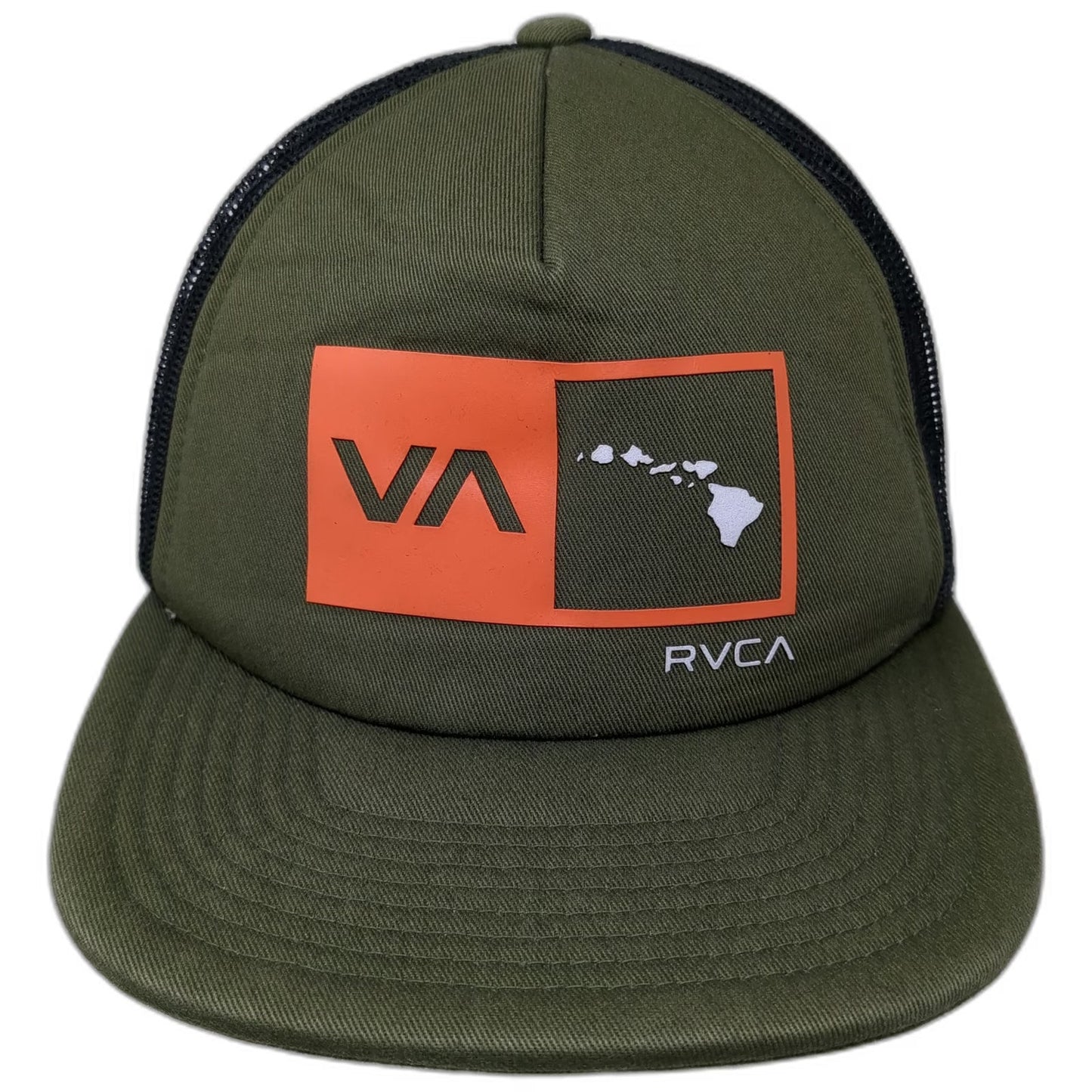 RVCA Trucker Hat Green OSFM Mesh Back Hawaii VA Logo Deep Fit Snapback Flat Brim