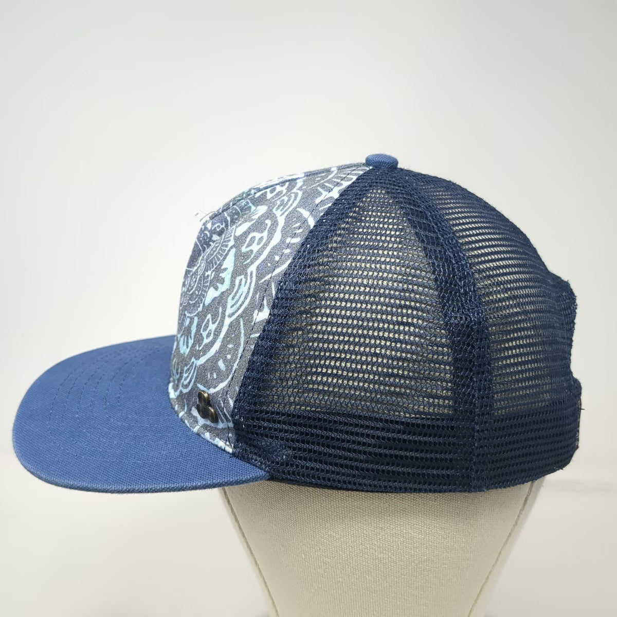 Gypsy & Lolo Trucker Hat Blue OSFM Upcycled Fabric Mandala Pattern Mesh Snapback