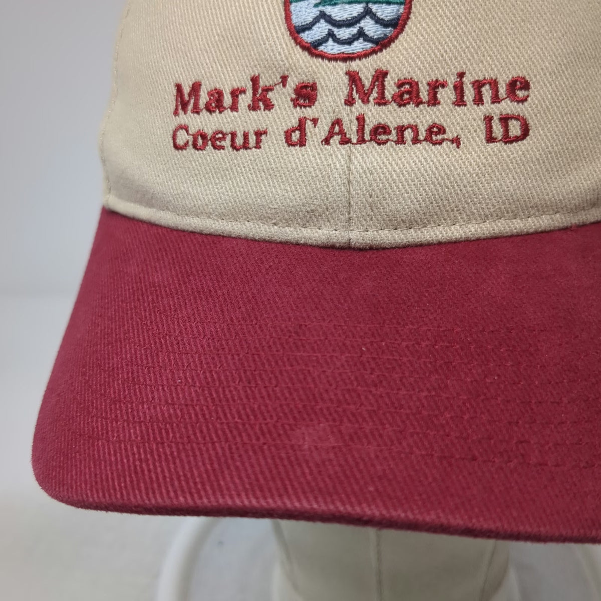 Falcon Baseball Cap Beige Red Mark's Marine Coeur d'Alene ID One Size Cotton Hat