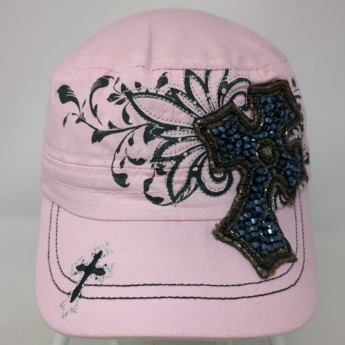 Kbethos Army Cap Pink One Size Beaded Cross Floral Glitter Cotton Adjustable Hat