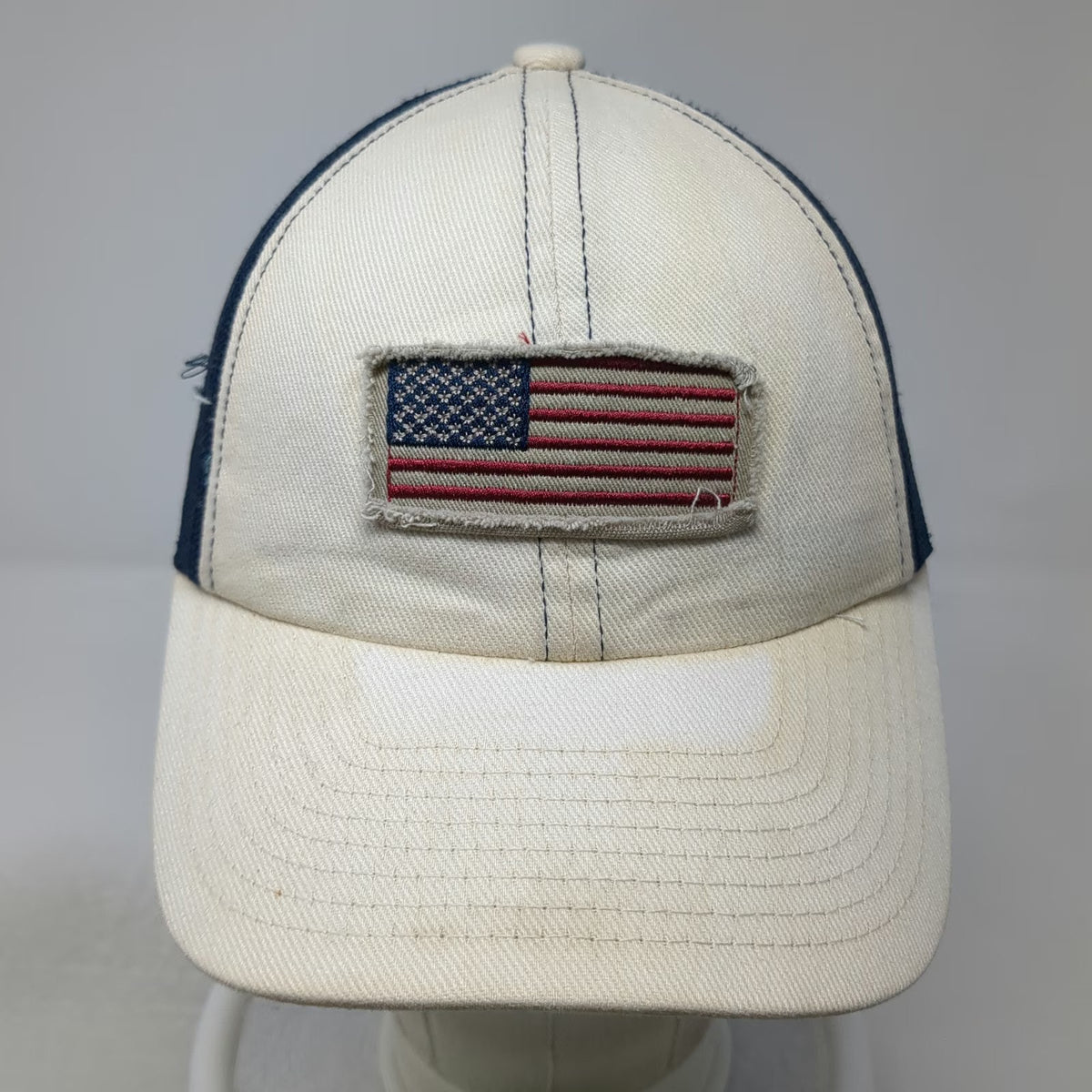 White Blue Trucker Hat One Size American Flag Patch Distressed Mesh Snapback