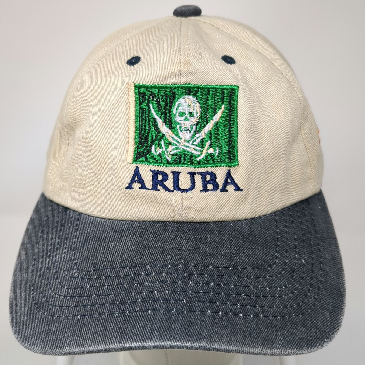 Aruba Pirate Flag Baseball Cap Beige Blue One Size Fish Skeleton Caribbean Hat