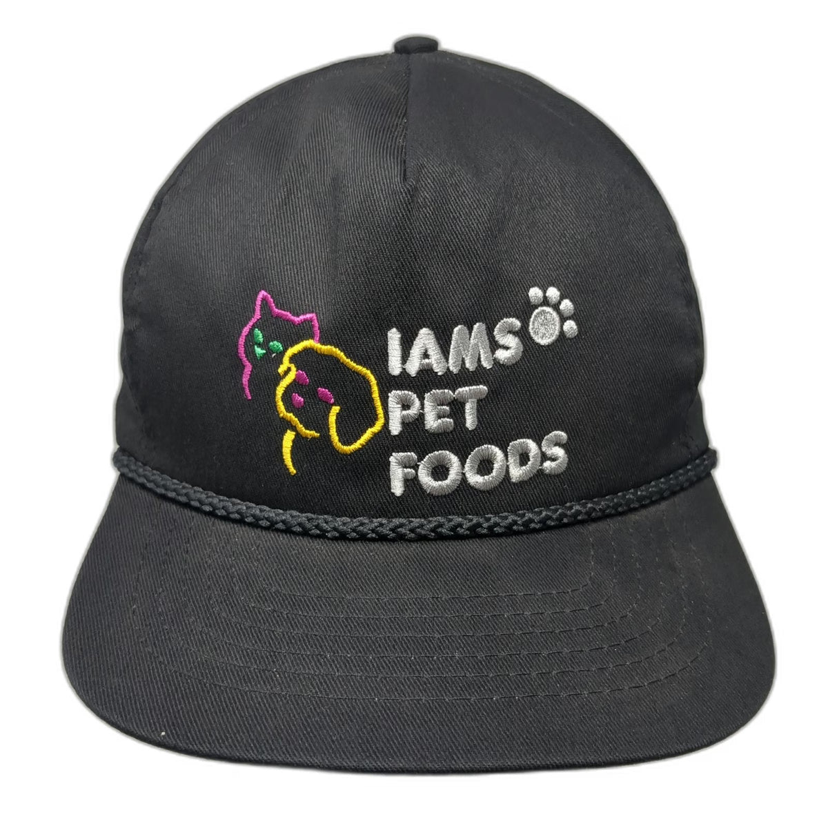 5 Panel Black Hat Rope Snapback Iams Pet Foods Dog Cat Paw Made in USA Vintage