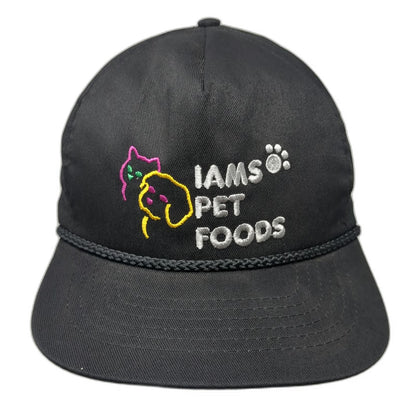5 Panel Black Hat Rope Snapback Iams Pet Foods Dog Cat Paw Made in USA Vintage