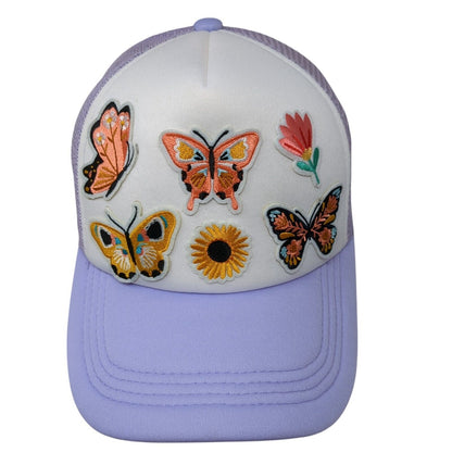 Butterfly Sunflower Patch Snapback Trucker Hat Purple One Size Mesh Back