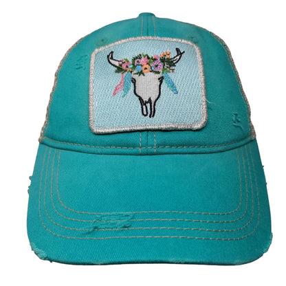 Floral Steer Skull Snapback Mesh Back Trucker Hat Bluish-Green OSFM