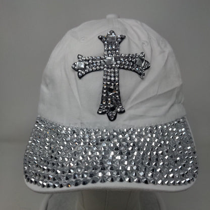 Cross Slideback Hat White One Size Adjustable Bling Rhinestone 6 Panel