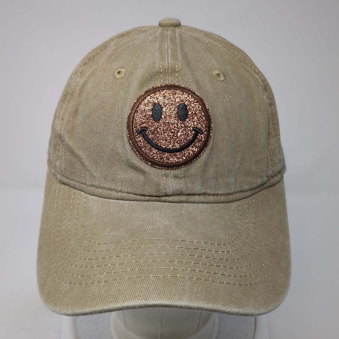 Glitter Smiley Face Slideback Baseball Cap Brown One Size Adjustable Embroidered