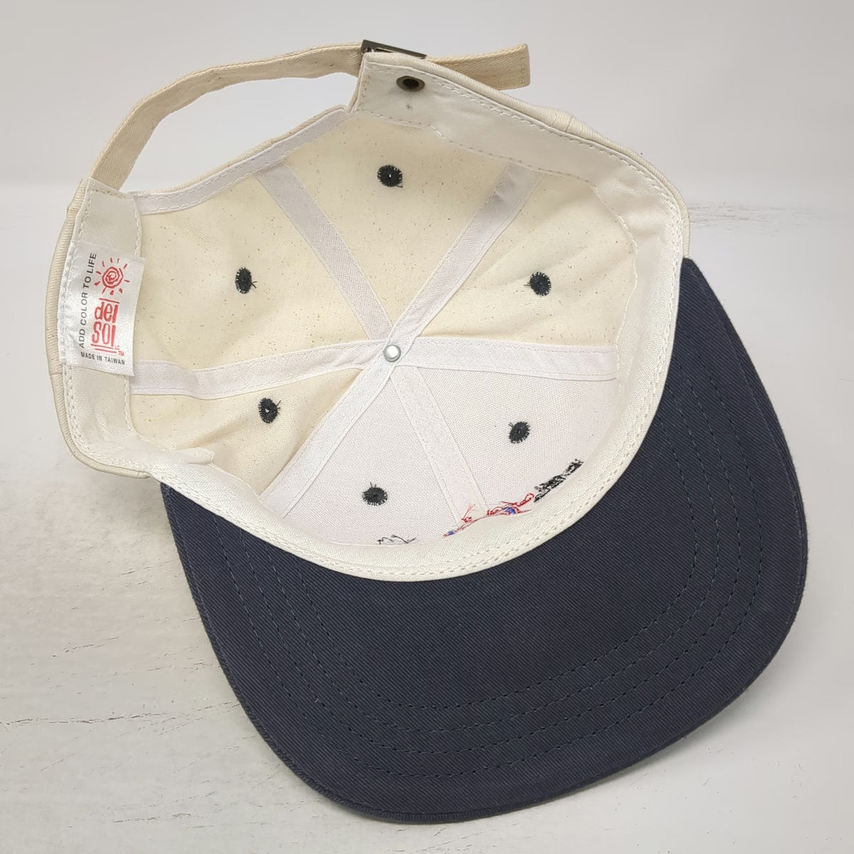 Del Sol Baseball Cap White Blue One Size Embroidered Sun Logo Slideback Hat