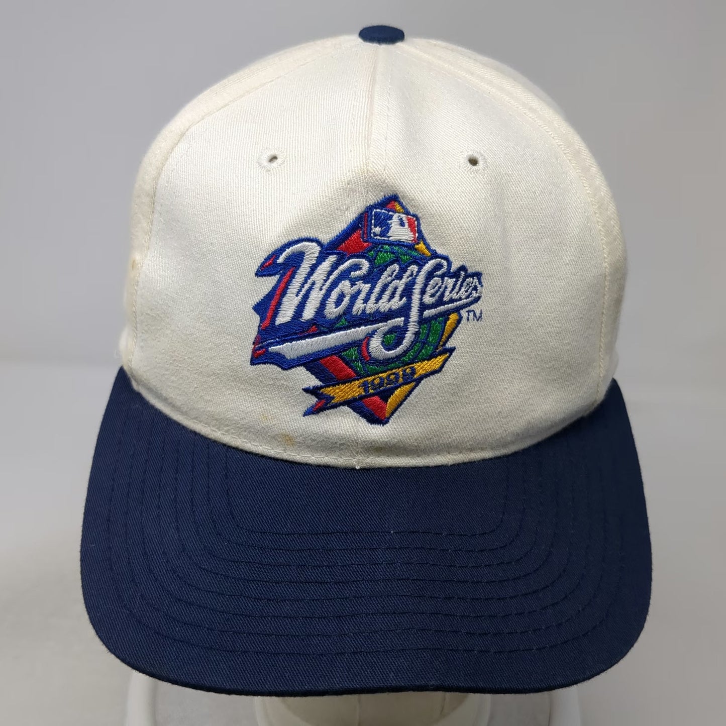 Twins Enterprise 1999 World Series MLB Snapback Hat White Blue OS Gray Vintage