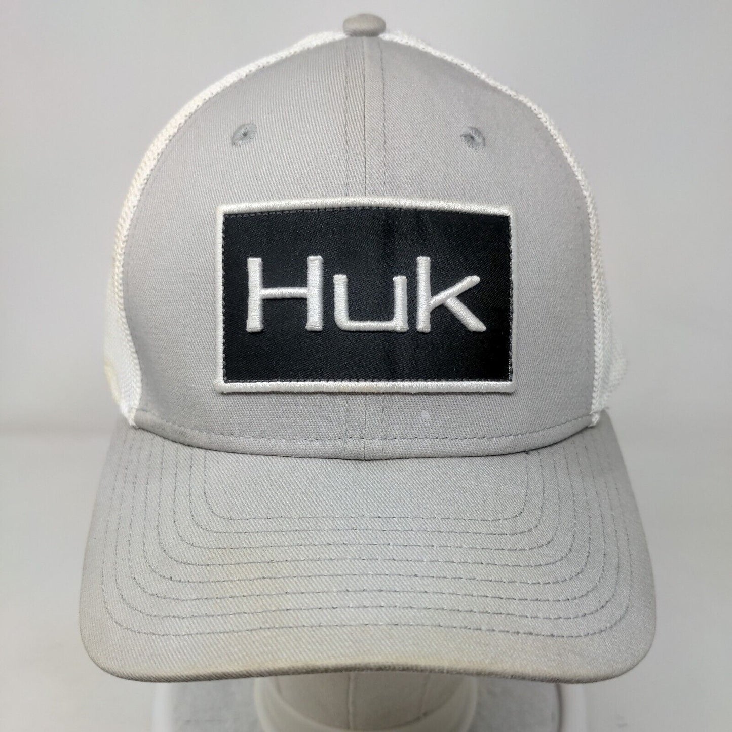 Huk Fitted Trucker Hat Gray L/XL Embroidered Breathable Mesh Back 6 Panel Fish