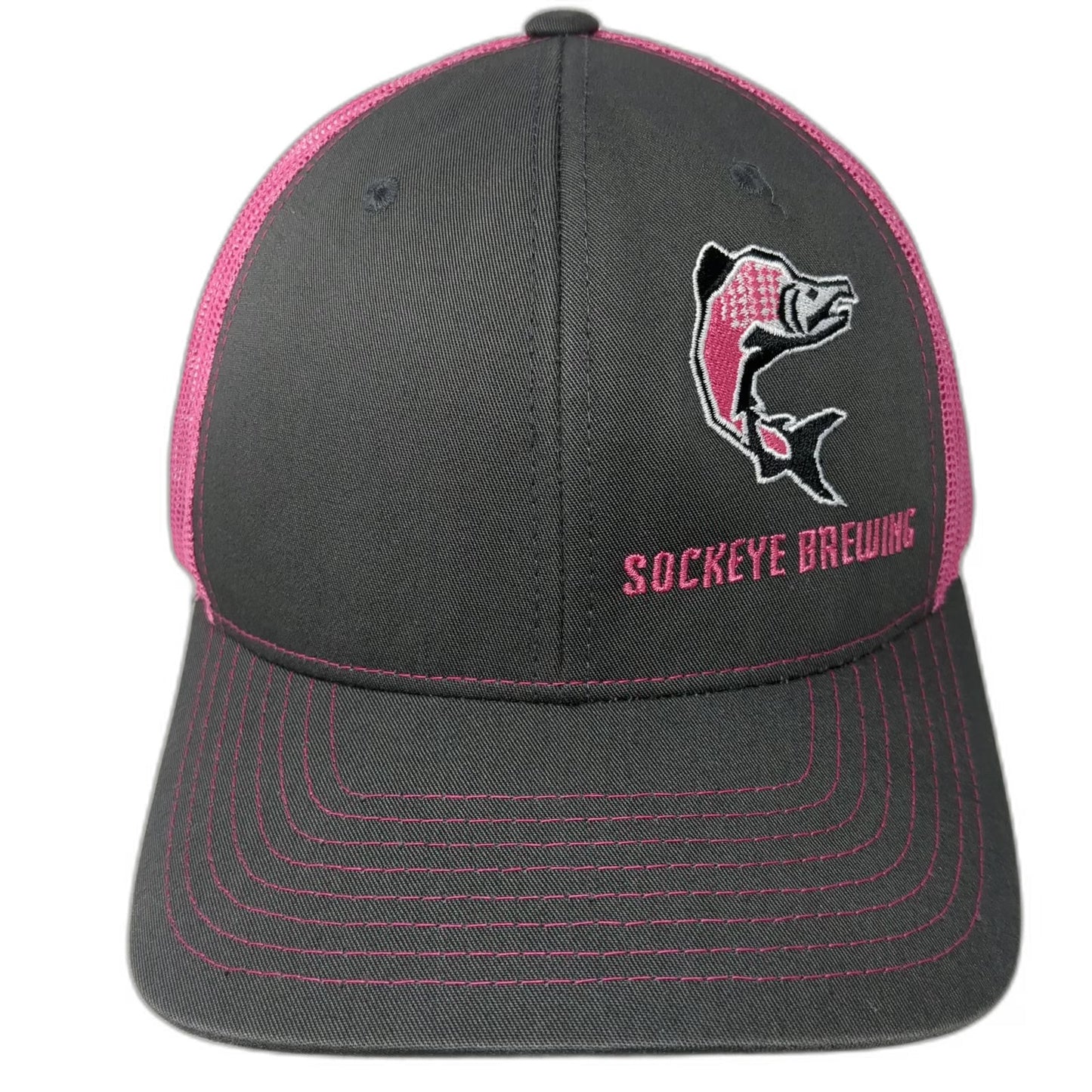 Richardson Trucker Hat Gray Pink One Size Sockeye Brewing Salmon Mesh Snapback