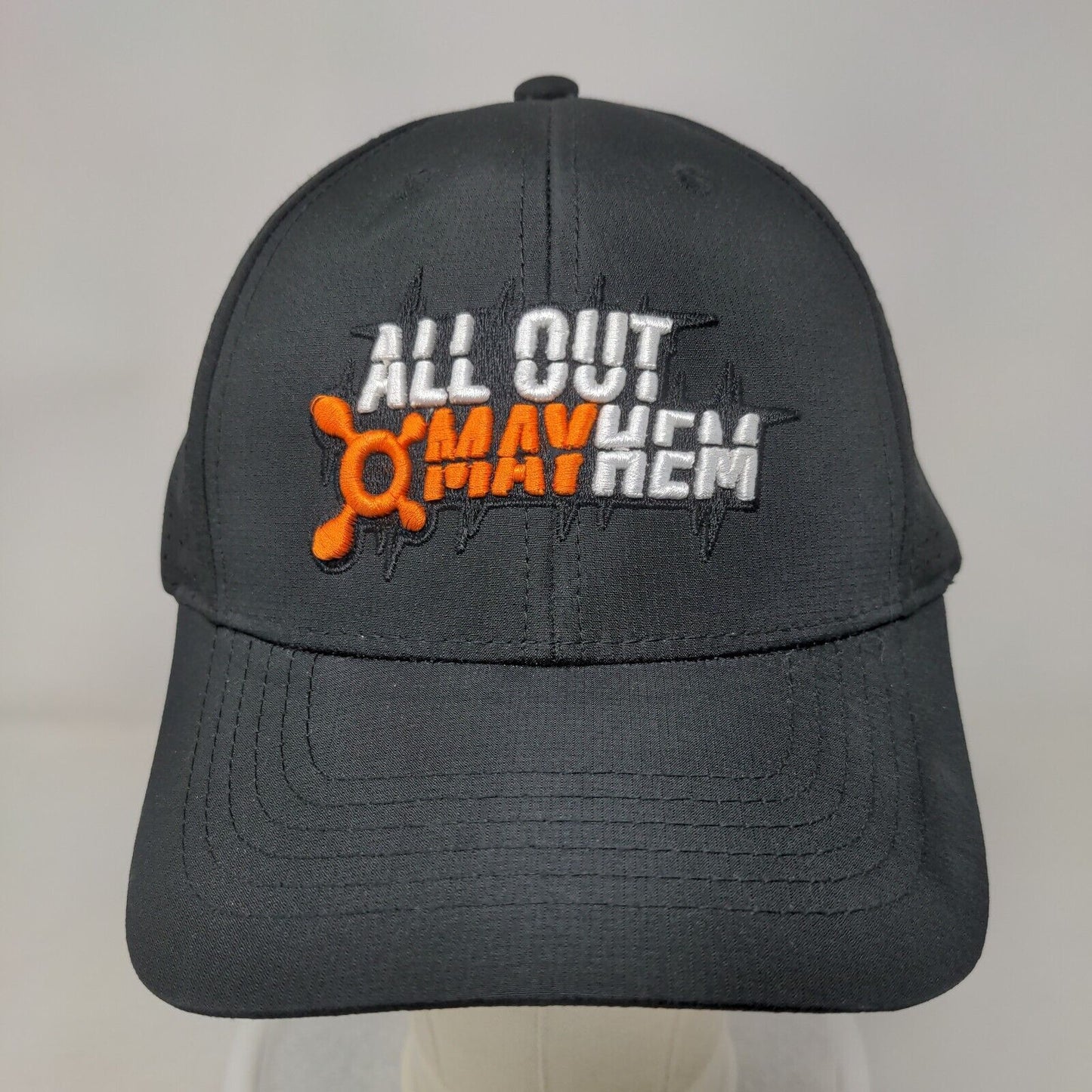 All Out Mayhem Strapback Hat Black One Size Embroidered Laser Cut 6 Panel