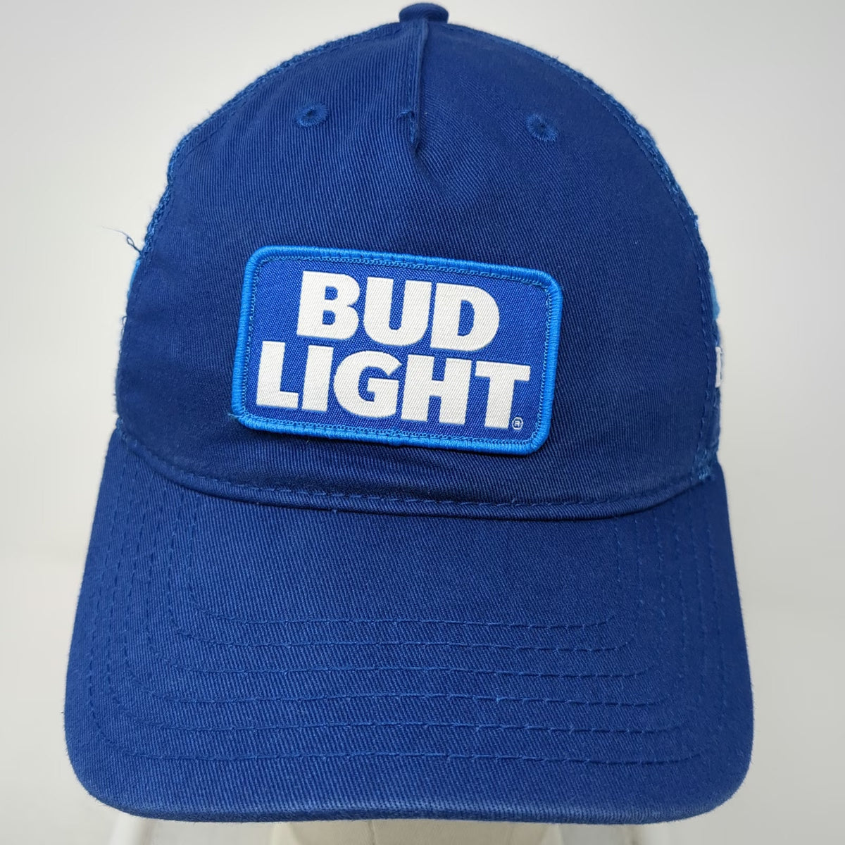 Bud Light Trucker Hat Blue One Size Snapback Patch Logo Mesh Back Stripes Beer