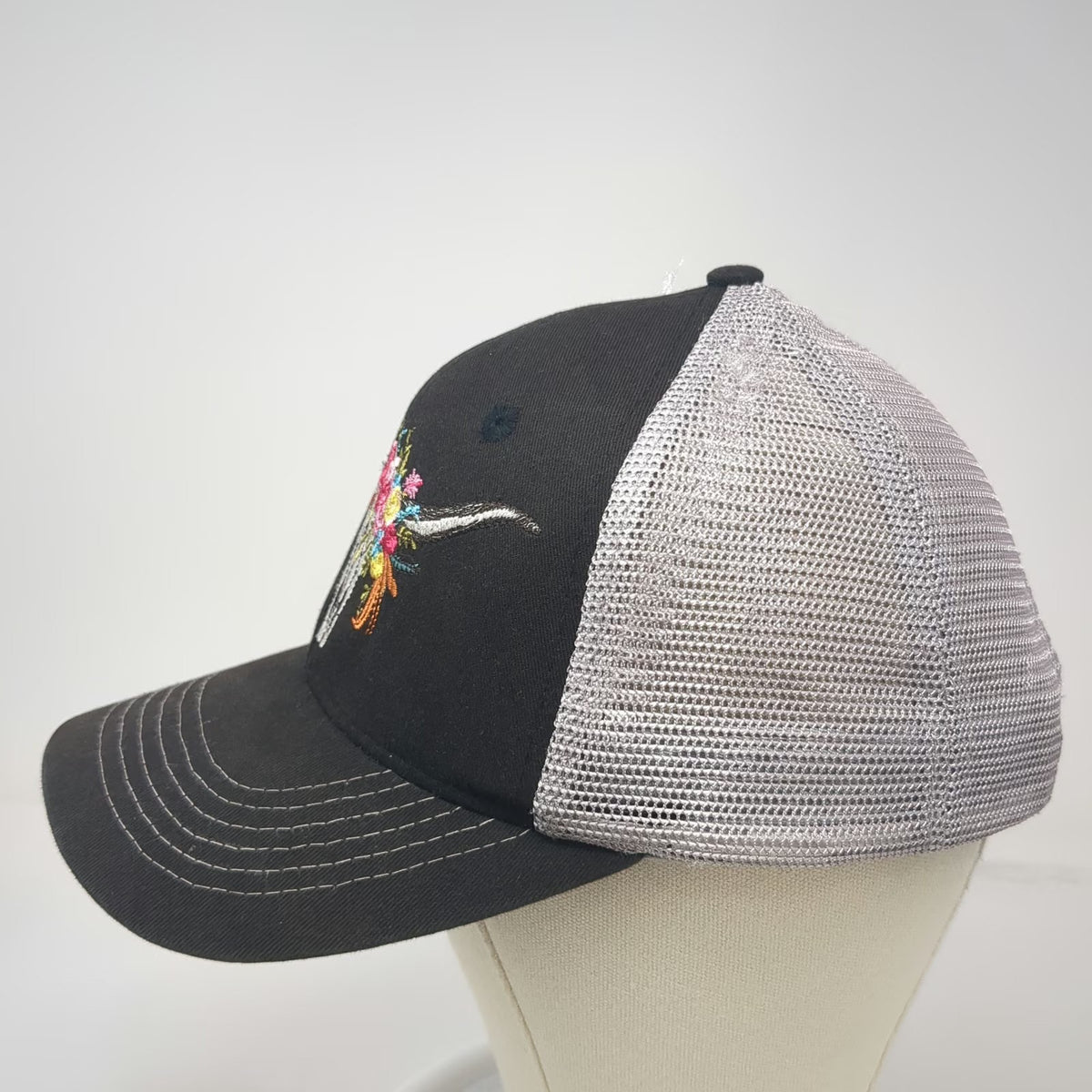 Arcadian Outfitters Trucker Hat Black One Size Floral Bull Skull Mesh Snapback