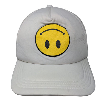 Upside Down Smiley Emoji Snapback Mesh Back Trucker Hat White One Size