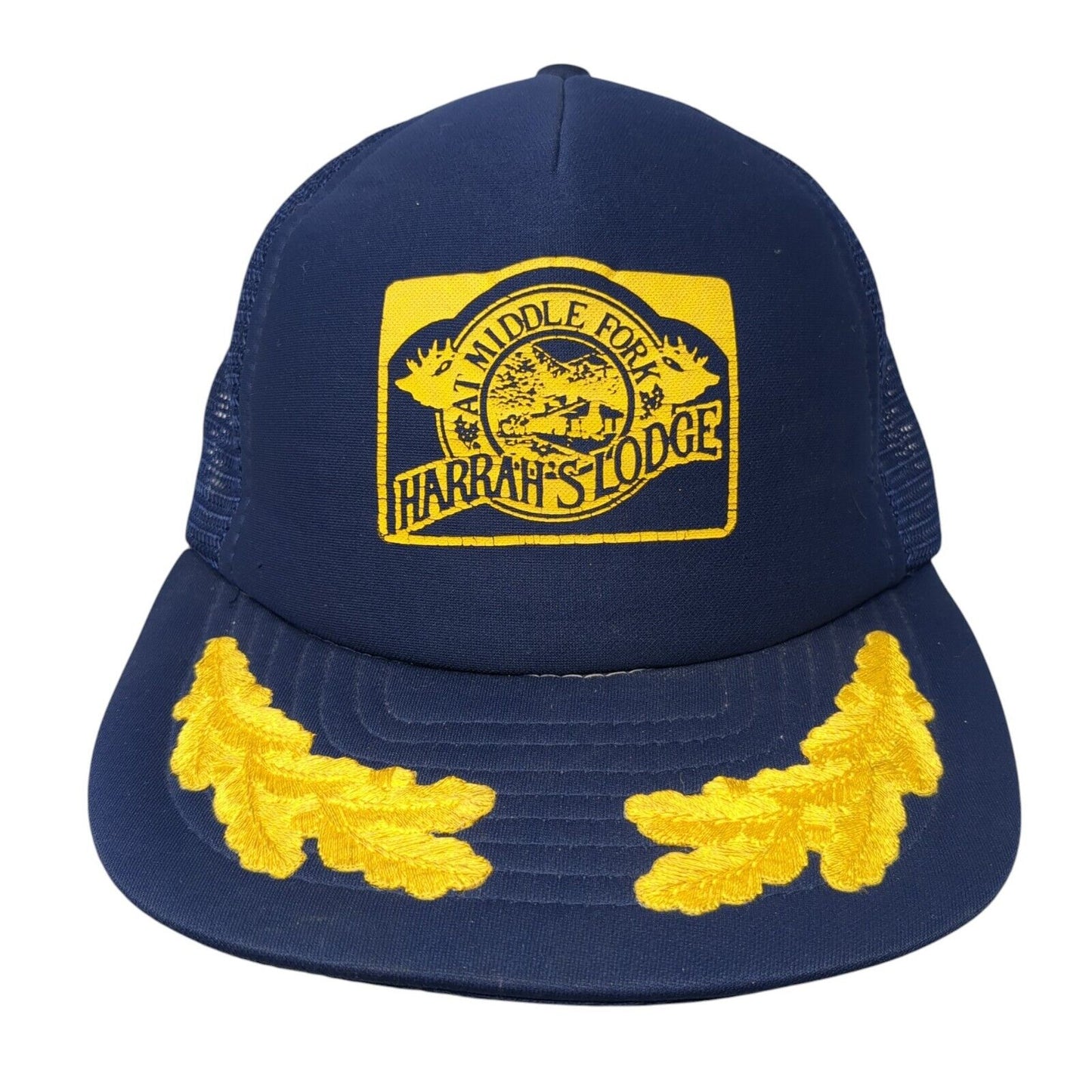 At Middle Fork Harrah's Lodge Snapback Trucker Hat Blue Large Mesh Back CH