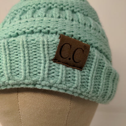 C.C. Exclusives Women's Cable Knit Beanie Hat Patch Logo Blue Warm