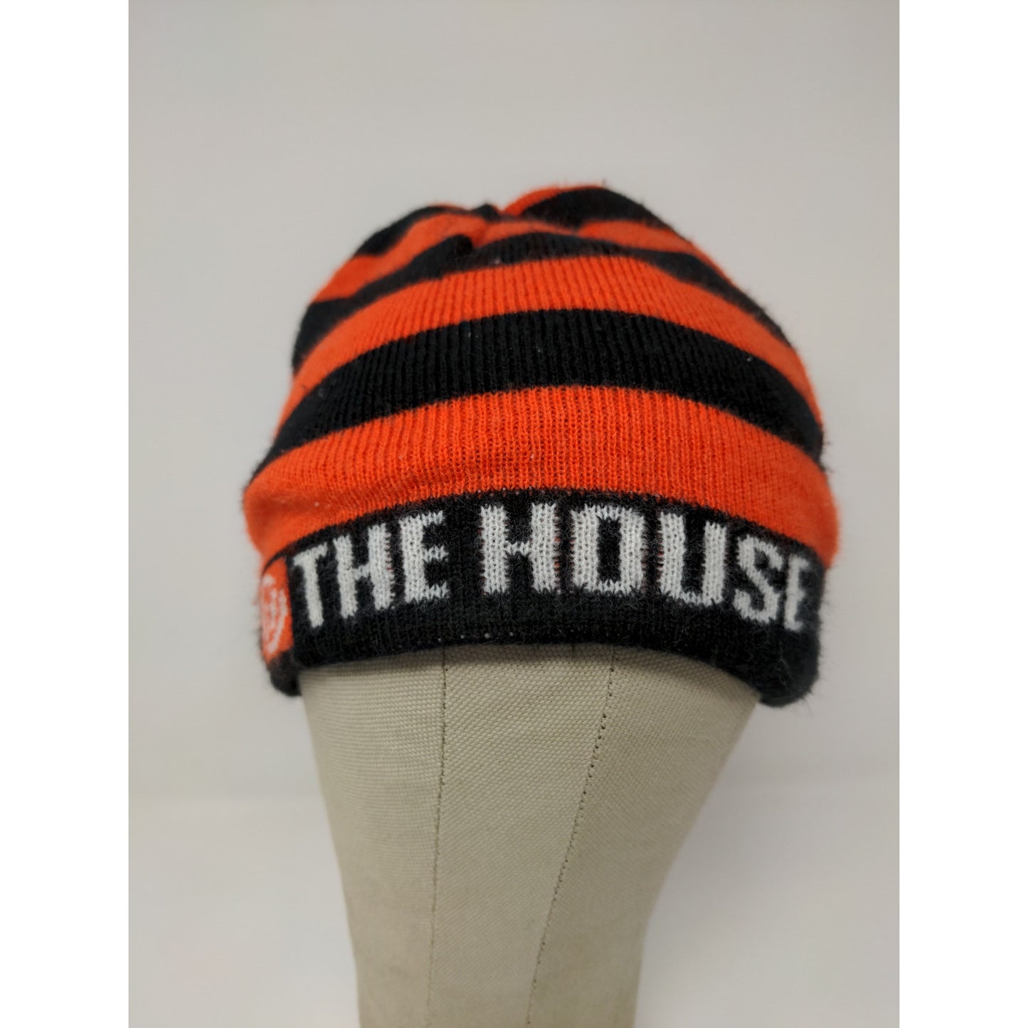 The House Striped Beanie Hat Orange & Black Spell Out Logo Knit