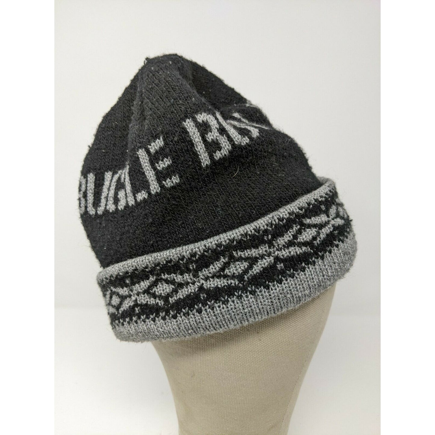 Bugle Boy Beanie Cap Hat Diamond Spell Out Black & Gray Fair Isle Pattern