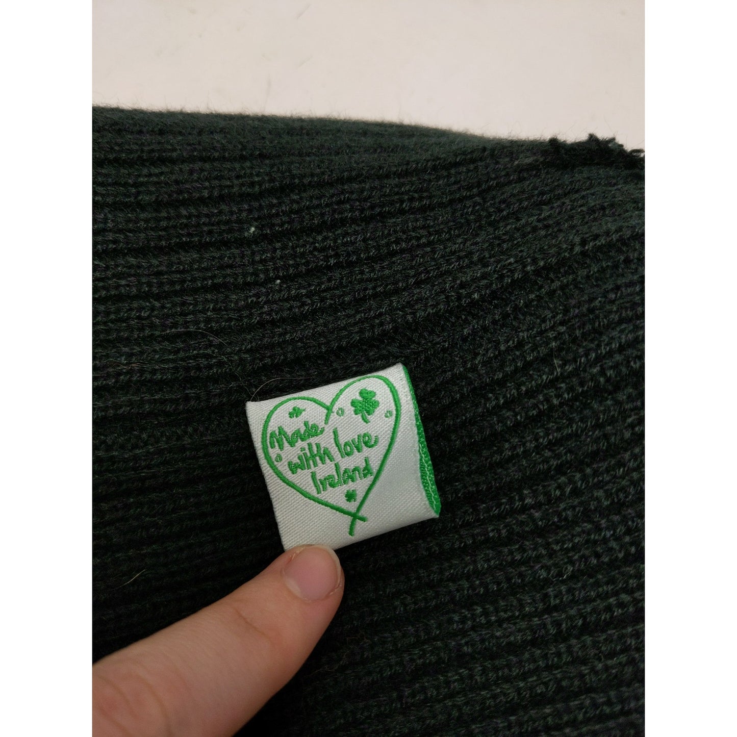 Made With Love Ireland Beanie Hat Green Shiny Pom Pom Black Knit Acrylic