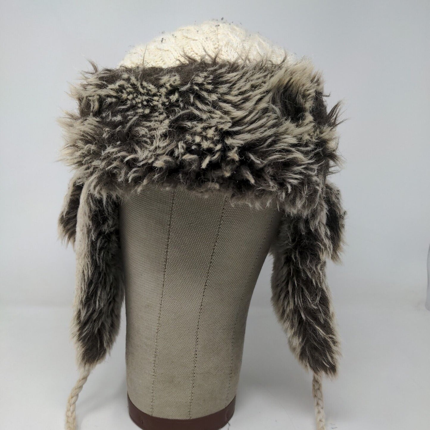 Screamer Women's Knit Trapper Hat Cream Vegan Fur Trim Ear Flaps