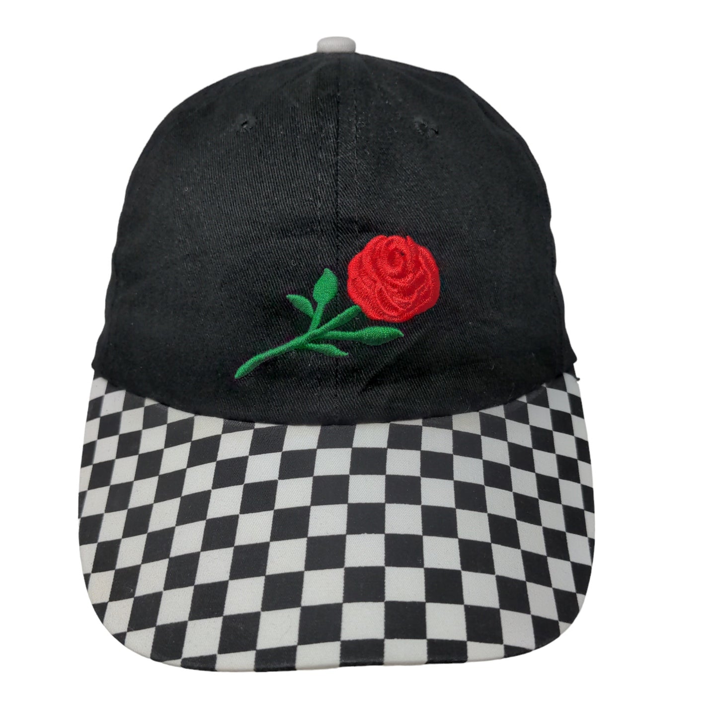 Rue 21 ETC Women's Slideback Hat Black White Check Adjustable Embroidered Rose